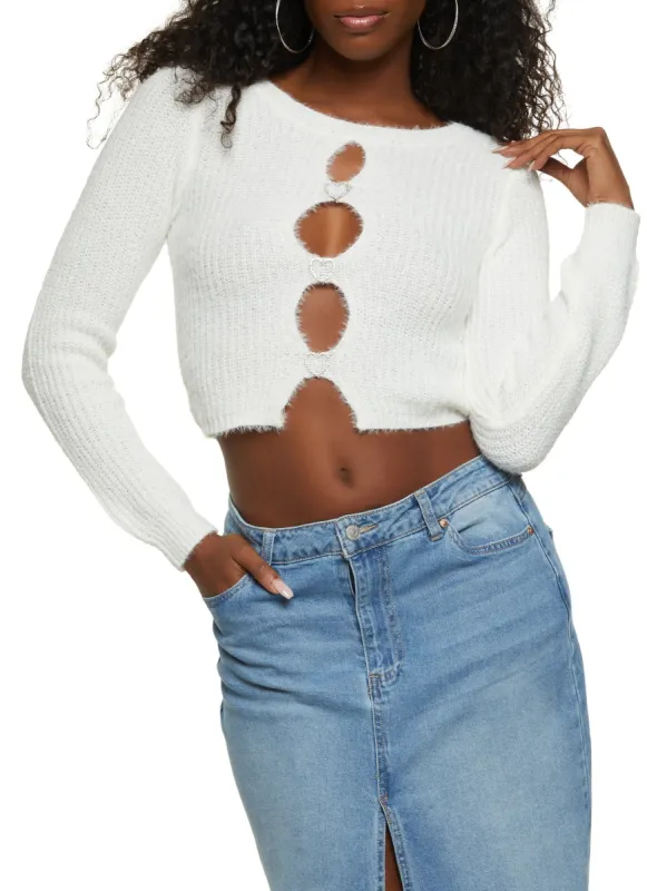 Eyelash Knit Rhinestone Heart Keyhole Sweater sold by Rainbow