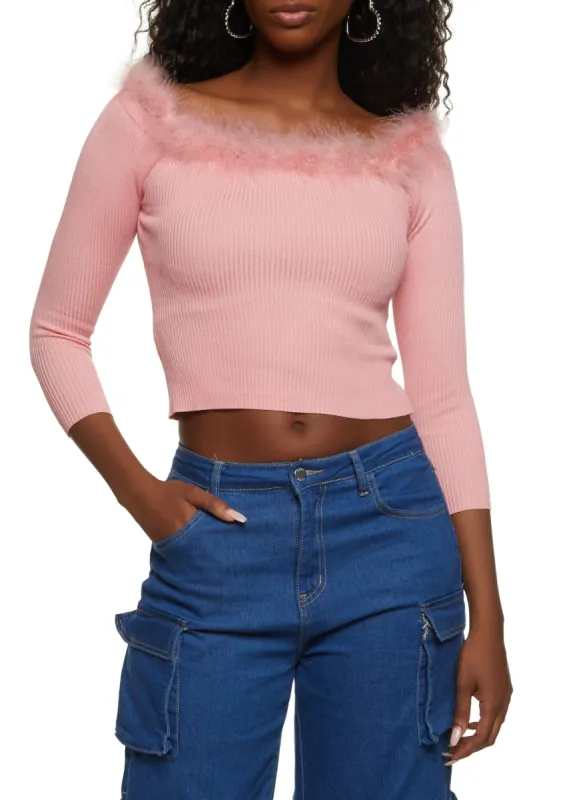 Off the Shoulder Feather Trim Ribbed Knit Sweater sold by Rainbow