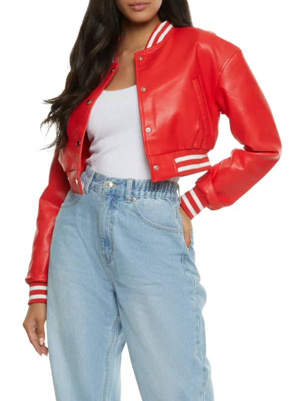 Faux Leather Cropped Baseball Jacket sold by Rainbow