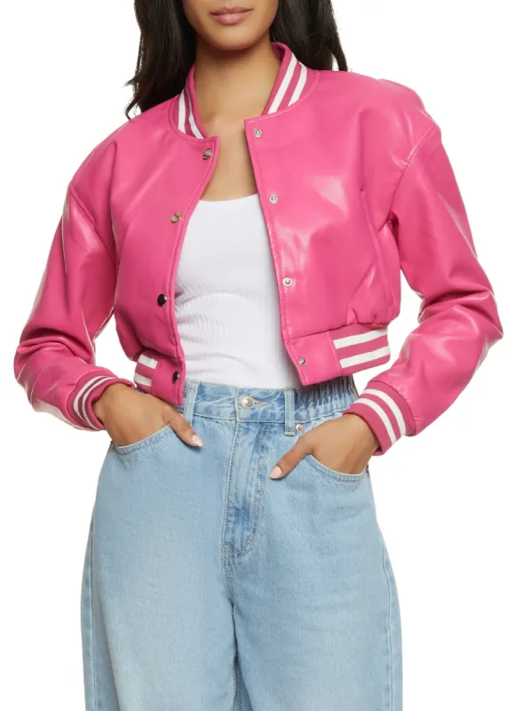 Faux Leather Cropped Baseball Jacket sold by Rainbow
