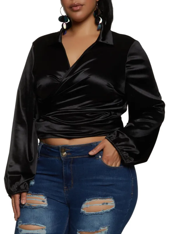 Plus Size Long Sleeve Cropped Wrap Top sold by Rainbow