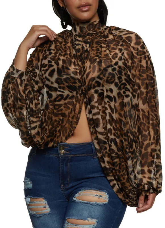 Plus Size Cheetah Print Mock Neck Split Hem Top sold by Rainbow