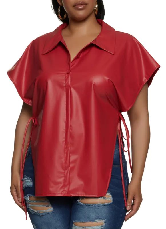 Plus Size Faux Leather Open Side Tie Shirt sold by Rainbow