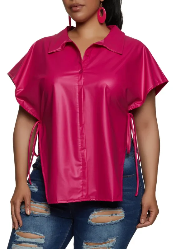 Plus Size Faux Leather Open Side Tie Shirt sold by Rainbow