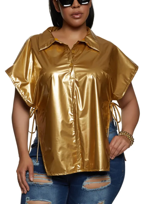 Plus Size Faux Leather Open Side Tie Shirt sold by Rainbow