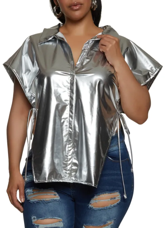 Plus Size Faux Leather Open Side Tie Shirt sold by Rainbow