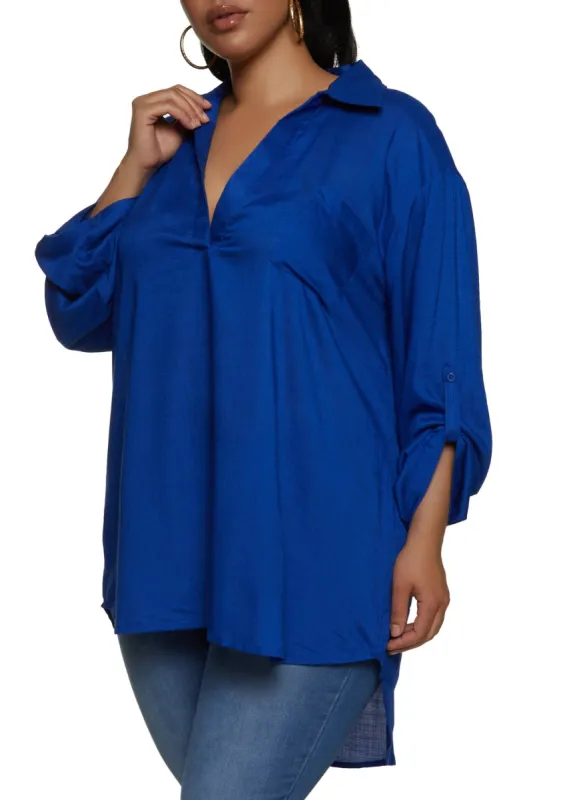 Plus Size Tabbed Sleeve V Neck High Low Shirt sold by Rainbow