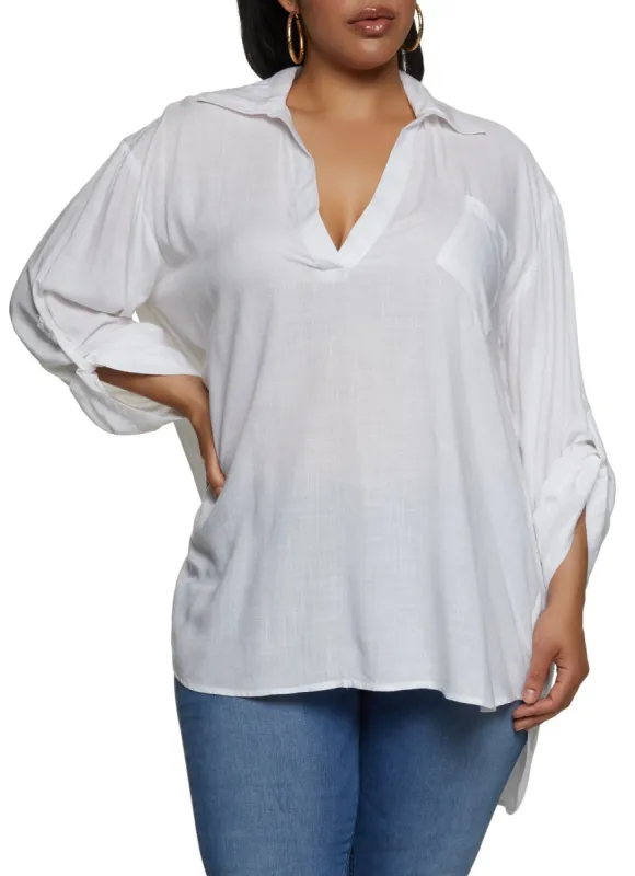 Plus Size Tabbed Sleeve V Neck High Low Shirt sold by Rainbow