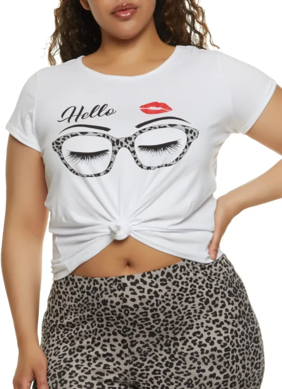 Plus Size Hello Glasses Knot Front Tee sold by Rainbow