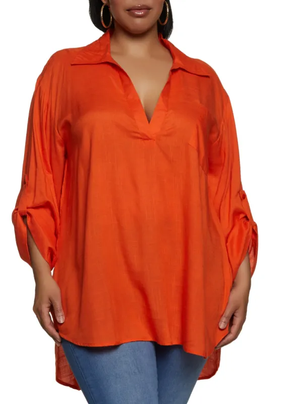 Plus Size Tabbed Sleeve V Neck High Low Shirt sold by Rainbow