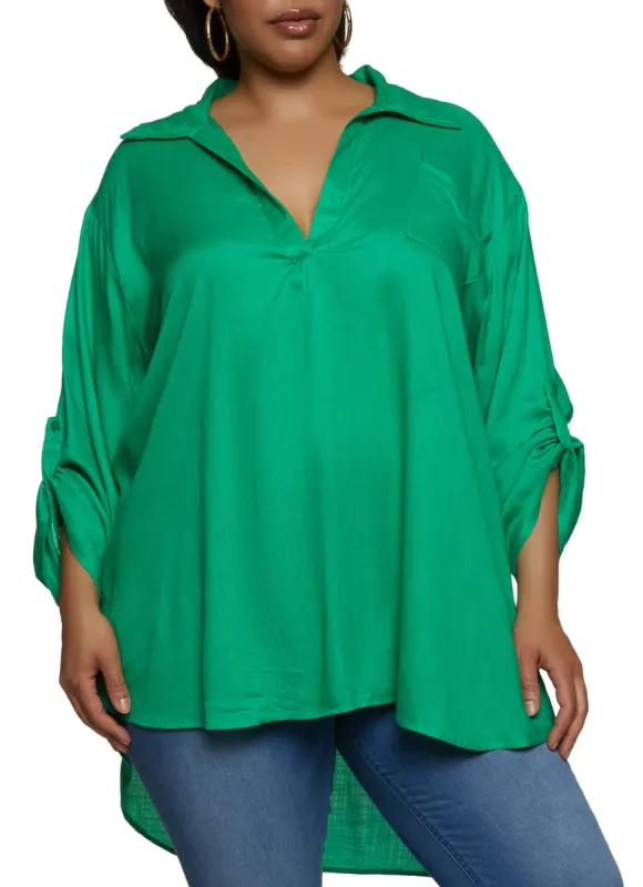 Plus Size Tabbed Sleeve V Neck High Low Shirt sold by Rainbow