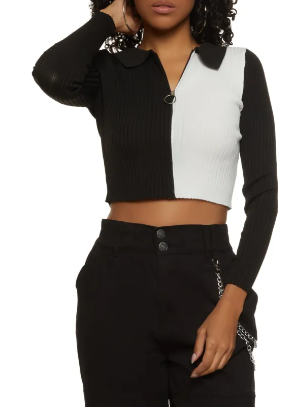 Color Block Zip Front Crop Top sold by Rainbow