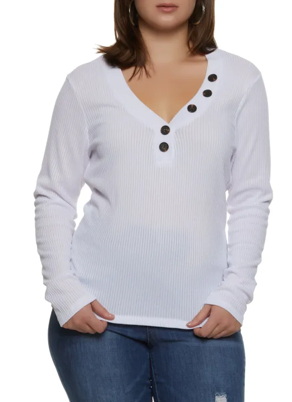 Plus Size Faux Button V Neck Top sold by Rainbow
