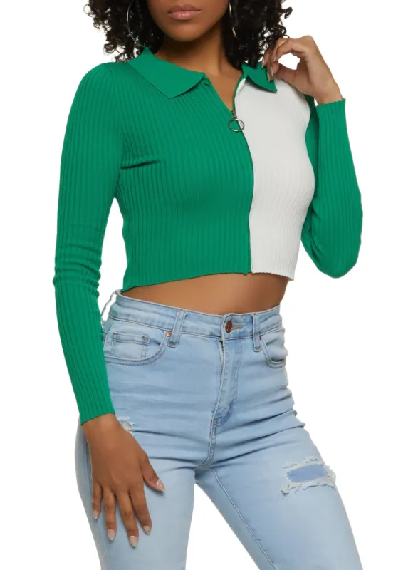 Color Block Zip Front Crop Top sold by Rainbow