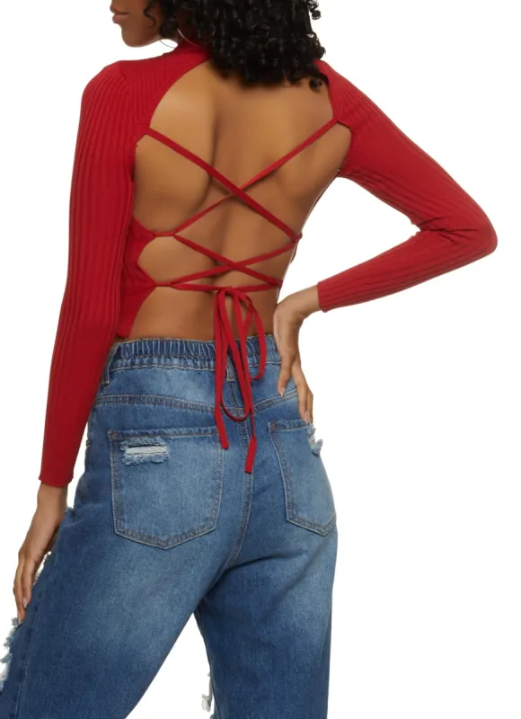 Ribbed Knit Lace Up Back Crop Top sold by Rainbow