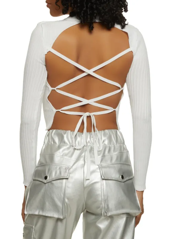 Ribbed Knit Lace Up Back Crop Top sold by Rainbow