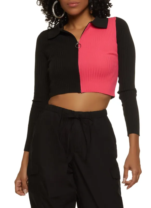 Color Block Zip Front Crop Top sold by Rainbow