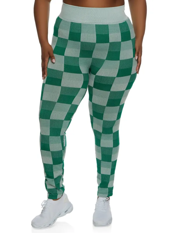 Plus Size Seamless Checkered Print Leggings sold by Rainbow