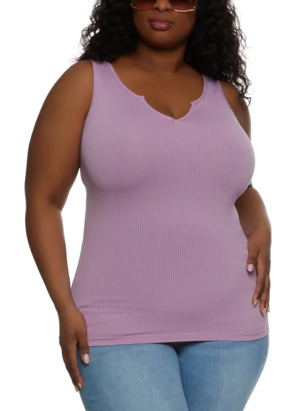 Plus Size Ribbed Notch Neck Tank Top sold by Rainbow