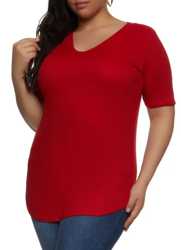 Plus Size Rib Knit V Neck Tee sold by Rainbow