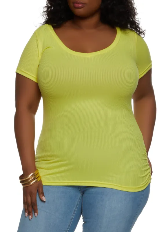Plus Size Rib Knit Ruched Side V Neck Tee sold by Rainbow