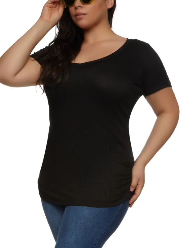 Plus Size Rib Knit Ruched Side V Neck Tee sold by Rainbow