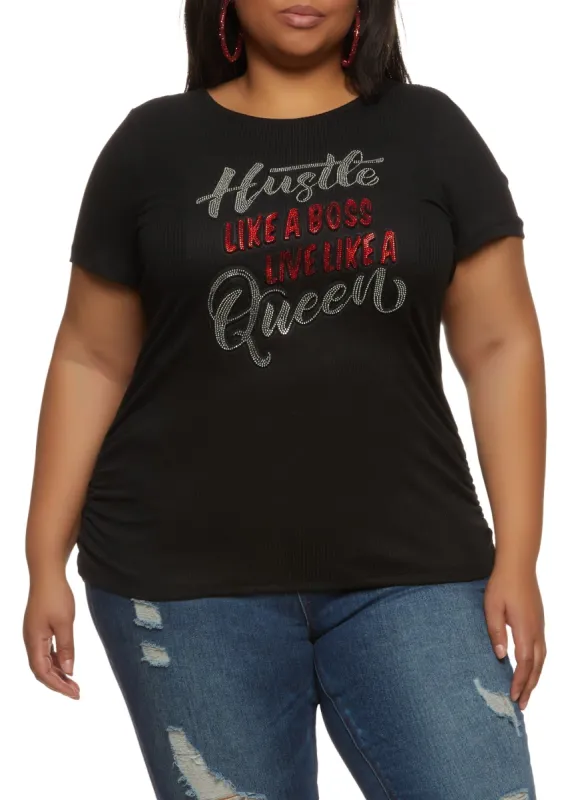 Plus Size Hustle Like A Boss Embossed Rhinestone Graphic Tee sold by Rainbow