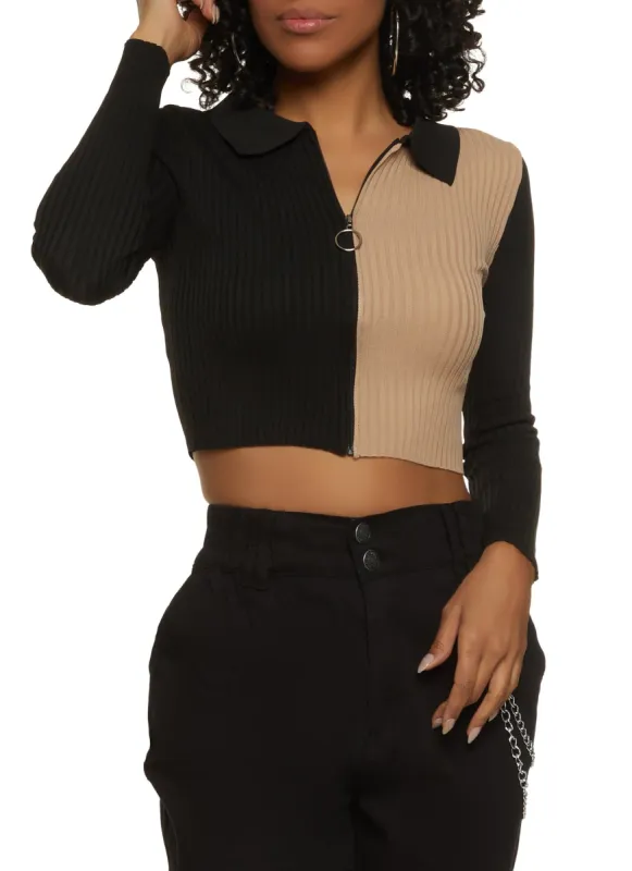 【COLOR iN ID】Tone satin crop zip-up Two Tone Satin Zippered Crop Top | Parallel
