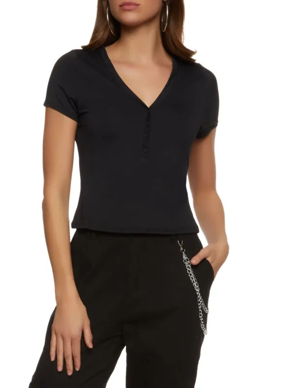 Short Sleeve V Neck Half Button Top sold by Rainbow