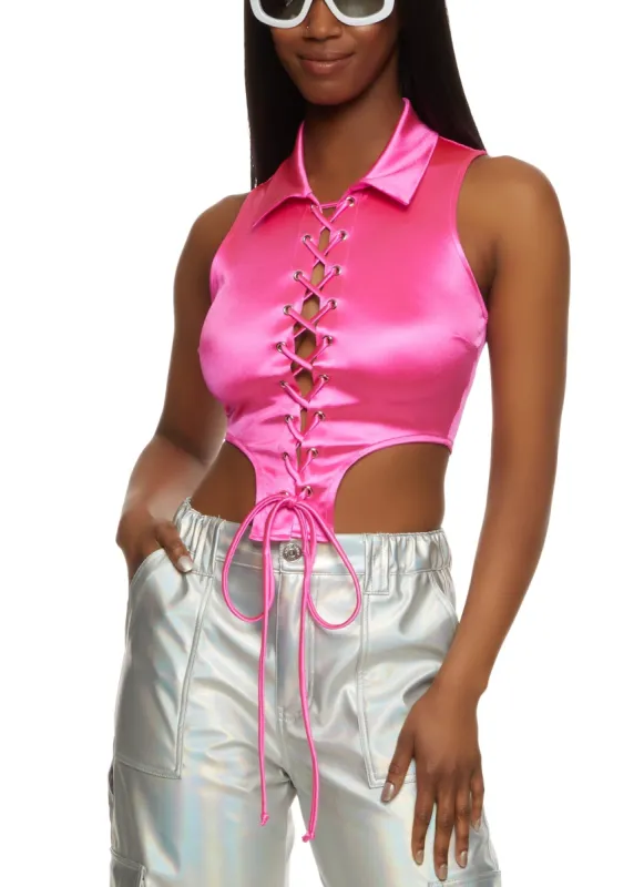 Satin Lace Up Collared Crop Top sold by Rainbow