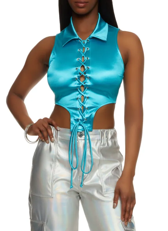 Satin Lace Up Collared Crop Top sold by Rainbow