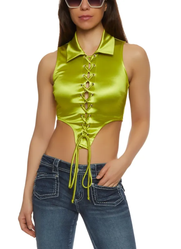 Satin Lace Up Collared Crop Top sold by Rainbow