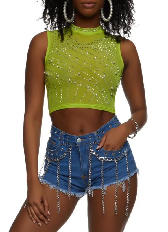Sheer Mesh Beaded Crop Top sold by Rainbow