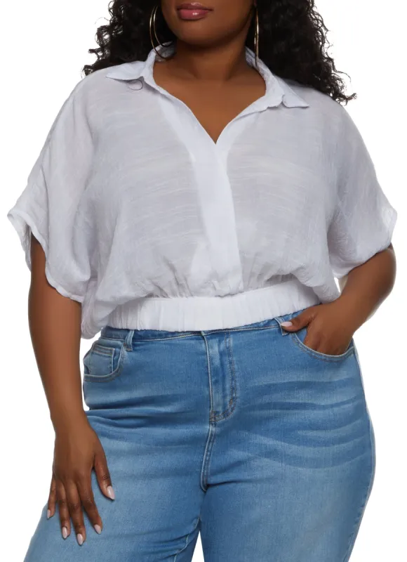 Plus Size Gauze Knit Elastic Waist Cropped Shirt sold by Rainbow
