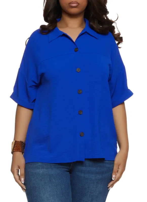 Plus Size Airy Short Sleeve Button Front Shirt sold by Rainbow