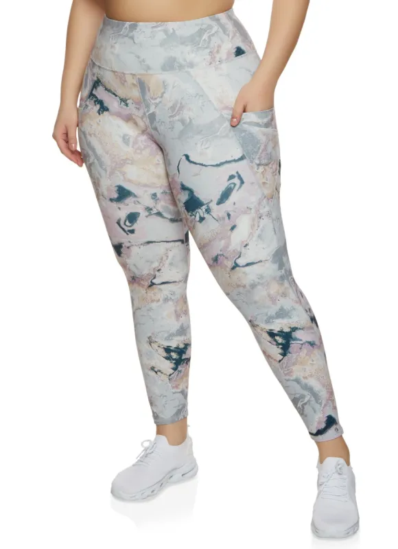 Plus Size Marble Print High Waist Cell Phone Pocket Leggings sold by Rainbow