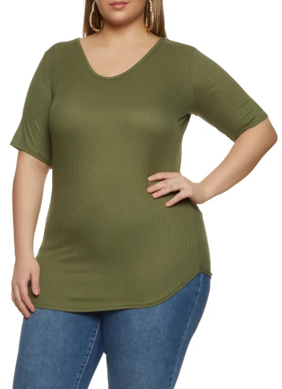 Plus Size Rib Knit V Neck Tee sold by Rainbow