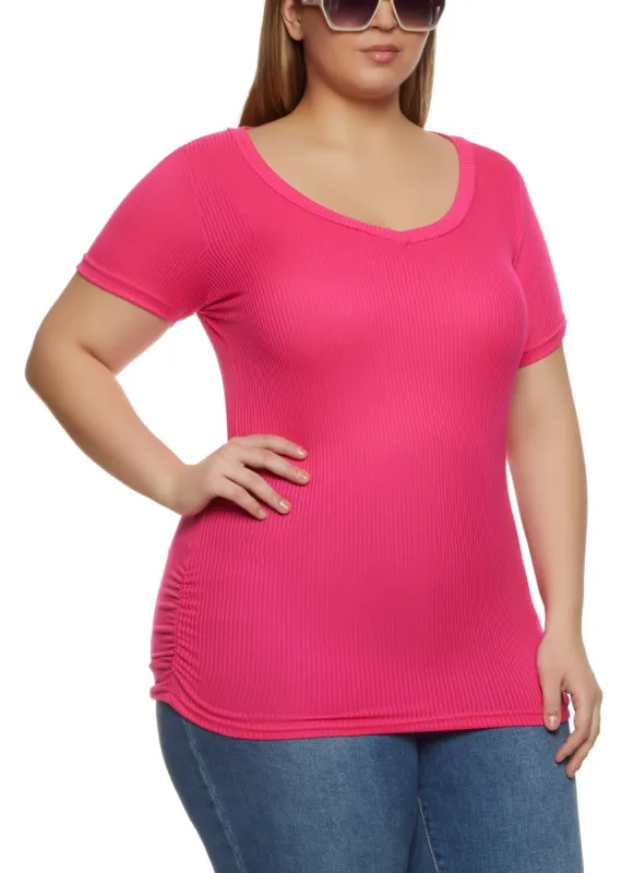 Plus Size Rib Knit Ruched Side V Neck Tee sold by Rainbow