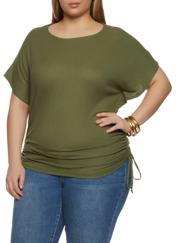 Plus Size Ribbed Knit Ruched Side Top sold by Rainbow