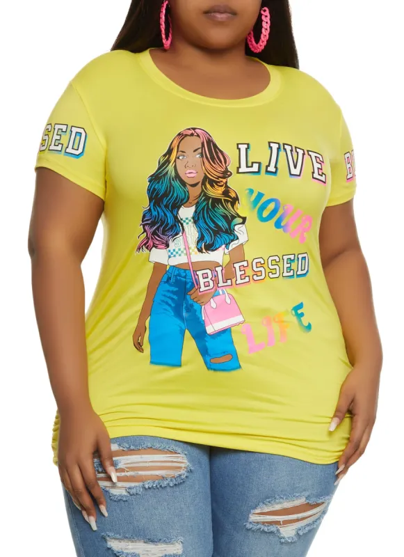 Plus Size Live Your Blessed Life Ruched Graphic Tee sold by Rainbow