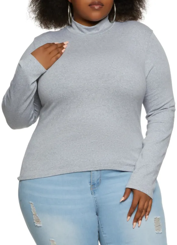 Plus Size Solid Mock Neck Long Sleeve Tee sold by Rainbow