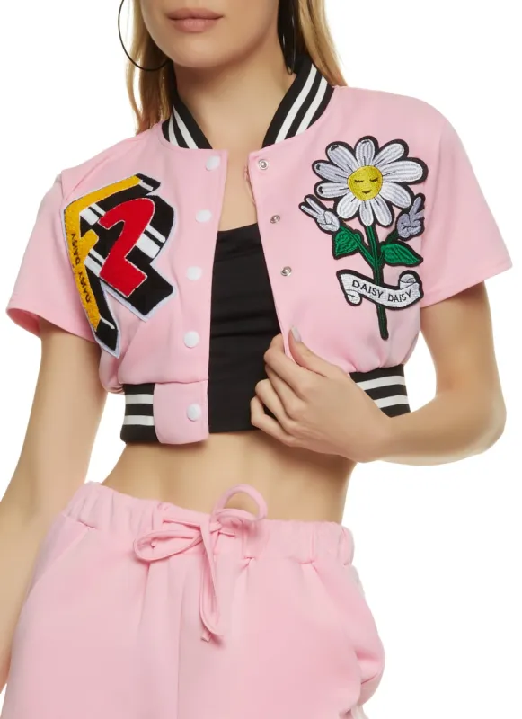 Daisy Patch Cropped Varsity Jacket sold by Rainbow
