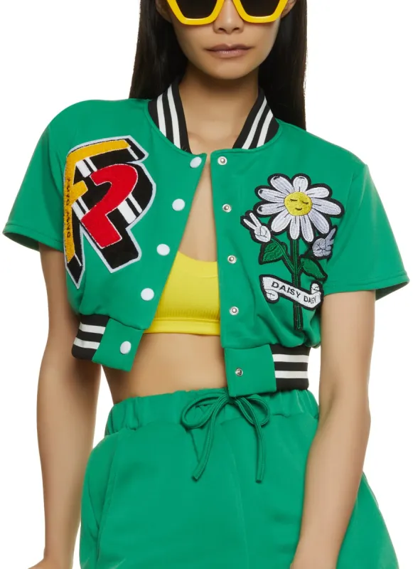 Daisy Patch Cropped Varsity Jacket sold by Rainbow