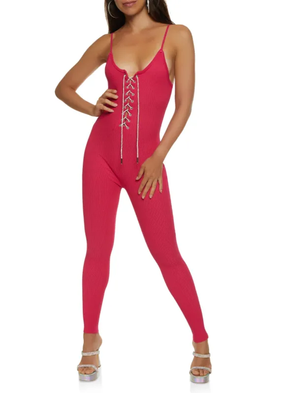 Ribbed Rhinestone Lace Up Jumpsuit sold by Rainbow