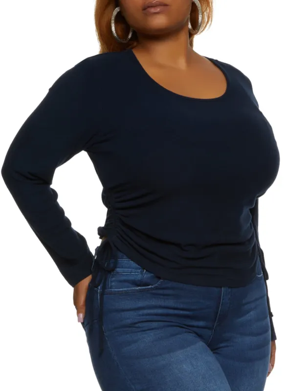 Plus Size Ribbed Knit Ruched Scoop Neck Long Sleeve Top sold by Rainbow