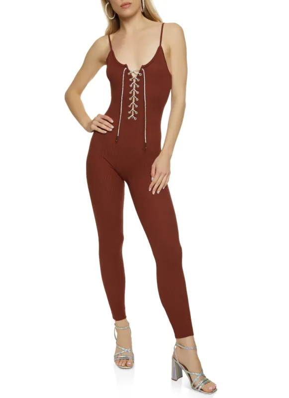 Ribbed Rhinestone Lace Up Jumpsuit sold by Rainbow