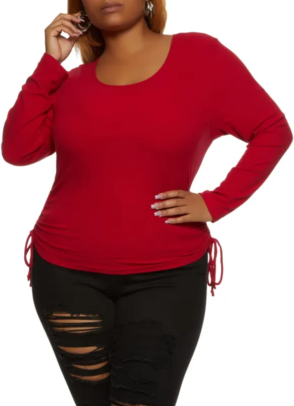 Plus Size Ribbed Knit Ruched Scoop Neck Long Sleeve Top sold by Rainbow