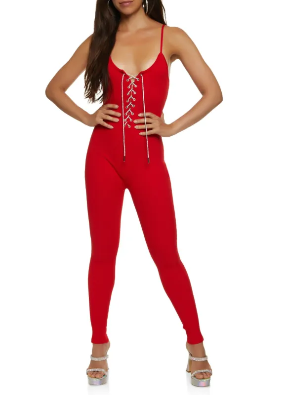 Ribbed Rhinestone Lace Up Jumpsuit sold by Rainbow