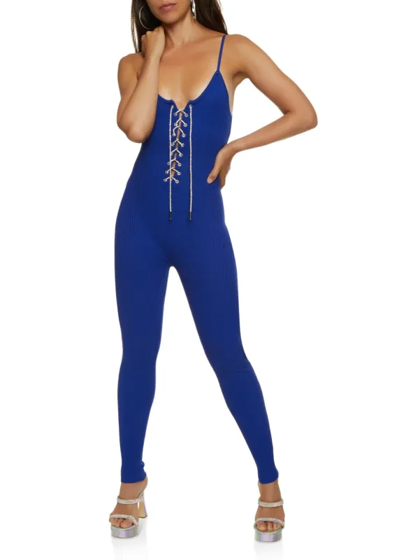 Ribbed Rhinestone Lace Up Jumpsuit sold by Rainbow