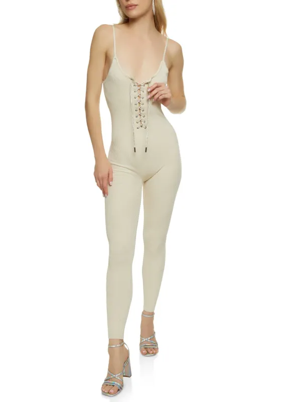 Ribbed Rhinestone Lace Up Jumpsuit sold by Rainbow